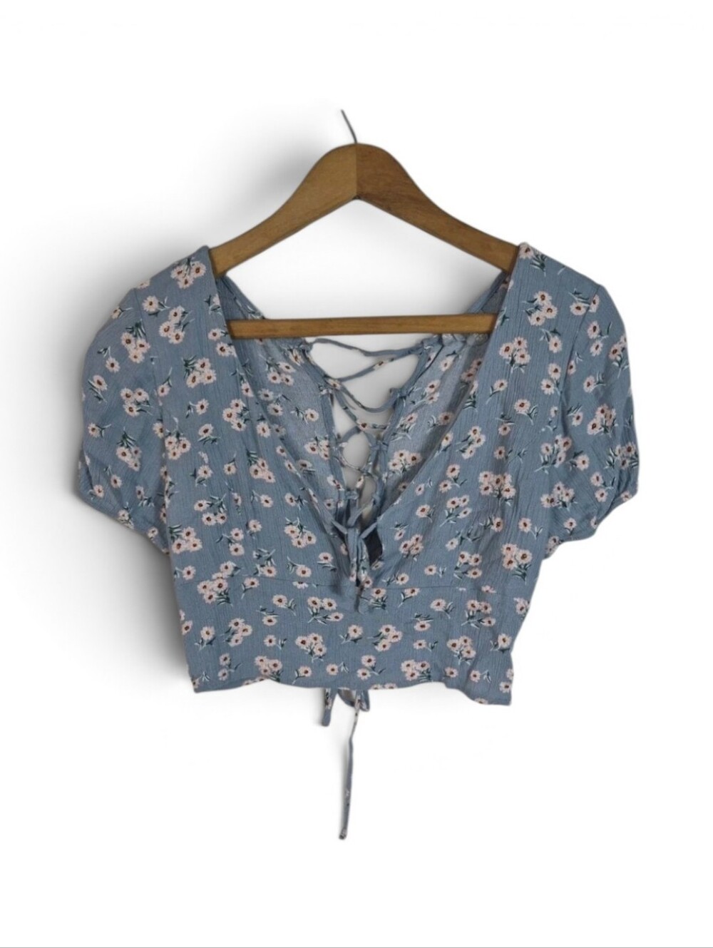 Sky & Sparrow Blue Floral Lace Up Crop Top Cottage Boho Medium